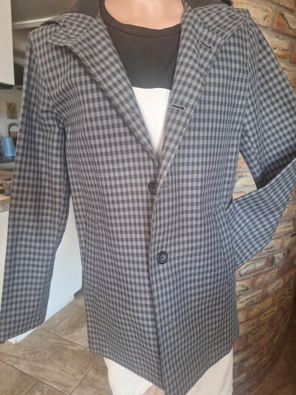 Topman Hooded Rain Coat Gray Black Gingham Check Button Front Men's M Mint!